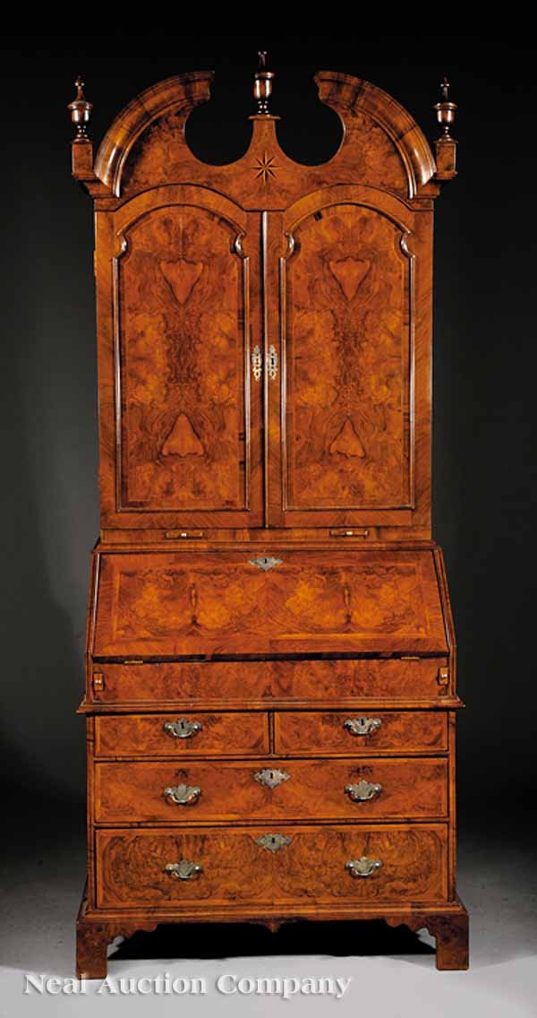Inlaid and Burled Walnut Bureau Bookcase
