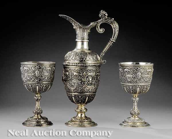 Sterling Silver Wine Ewere with Pair of Goblets