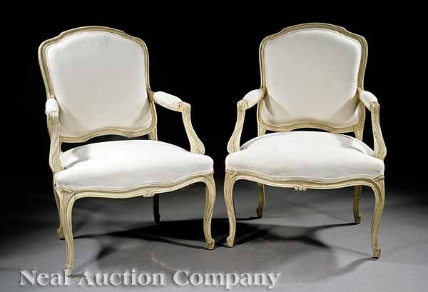 Pair of Louis XV-Style Creme Peinte Fauteuils
