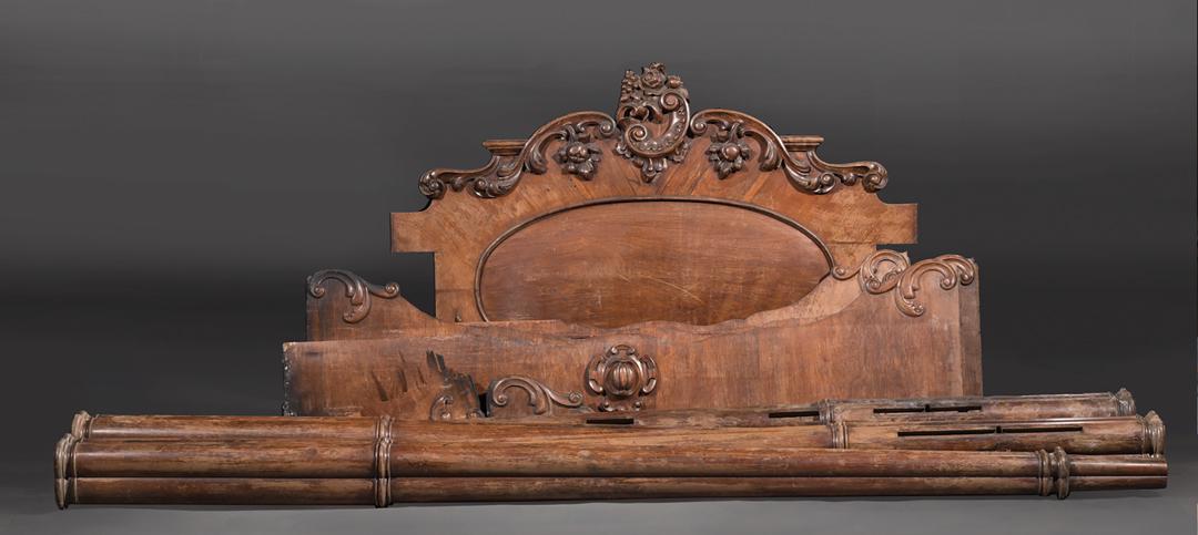 American Rococo Tester Bed: American Rococo Tester Bed , mid-19th c., four cluster column posts, fire damaged rails, headboard with loose crest, large shaped tester . Condition: Rails with heavy fire damage not able to set up Pr