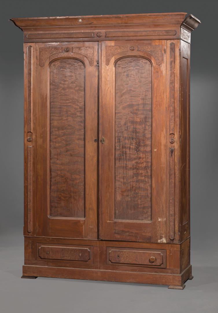 American Renaissance Walnut and Burl Armoire: American Renaissance Walnut and Burl Armoire , mid-19th c., h. 88 3/4 in., w. 59 in., d. 22 in . Condition: AS IS. Loose cornice, separations where joined. Should view in person. Overall losses, chips