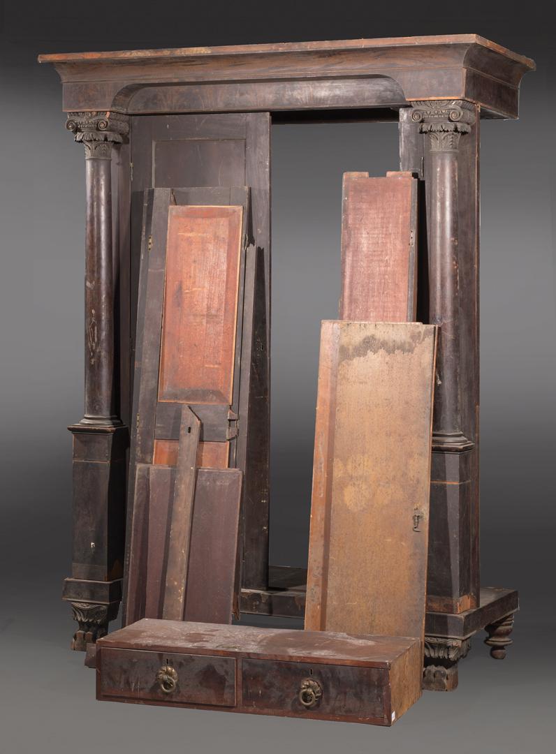 American Classical Carved Mahogany Armoire: Large American Classical Carved Mahogany Armoire , c. 1830, possibly New York City, freestanding columns, lion's paw feet, detached cornice, side door, h. 93 in., w. 65 3/4 in., d. 27 in . Condition: 
