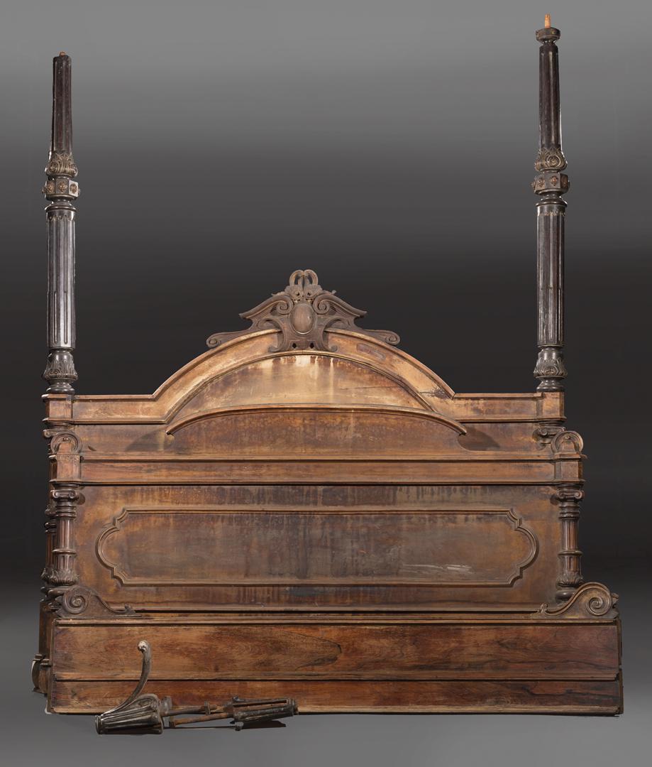 Rosewood Half-Tester Bed: Rosewood Half-Tester Bed , c. 1860, two stepped acanthus carved posts, cabochon headboard, foot board, tester frame, canopy not present, with rails . Condition: AS IS, should be viewed in person. Evid
