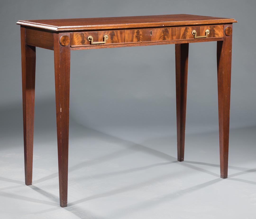 Hepplewhite-Style Mahogany Hunt Board: Hepplewhite-Style Transitional Mahogany Hunt Board , molded top, long drawer, tapered legs, h. 35 in., w. 42 in., d. 19 1/2 in . Condition: AS IS. Structurally sound, overall good condition. Chips, ni