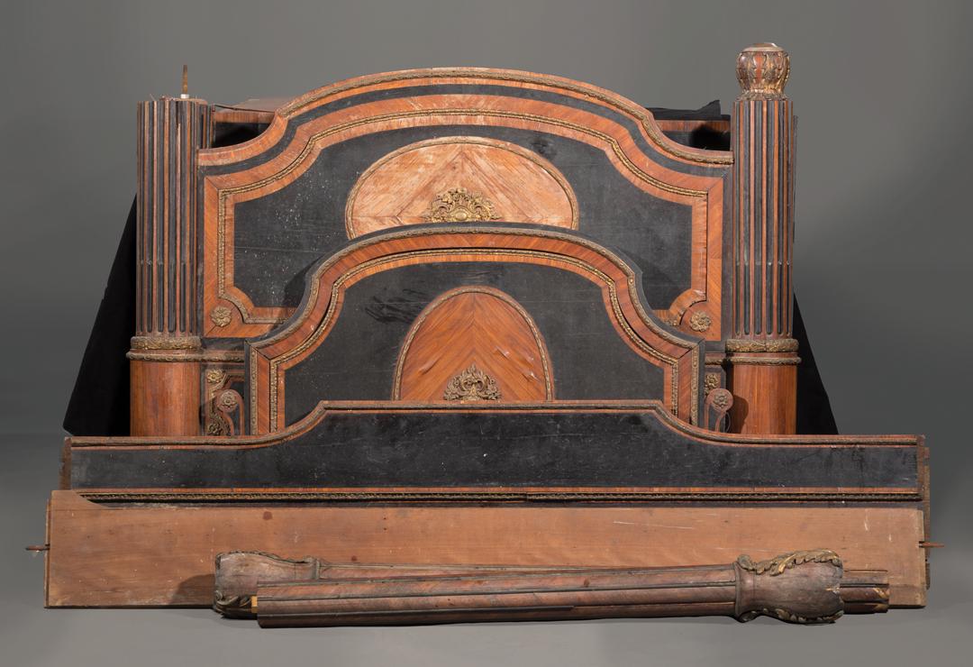 French Bronze-Mounted Kingwood, Ebonized Bedstead: Antique French Bronze-Mounted Kingwood and Ebonized Bedstead , c. 1880. Condition: AS IS. Lacking some elements. Should be viewed in person. Scattered shrinkages, losses, repairs and sun fading. Scatt