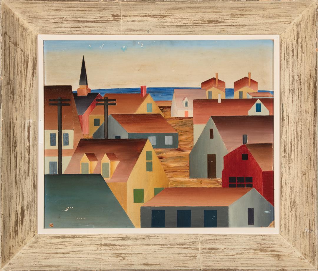Dean F. Dreyer (American/Louisiana, 20th c.): Dean F. Dreyer (American/Louisiana, 20th c.) , "Over the Roof Tops", oil on board, partial signature lower right, pencil-signed en verso, "Art Association of New Orleans" label with artist and title e