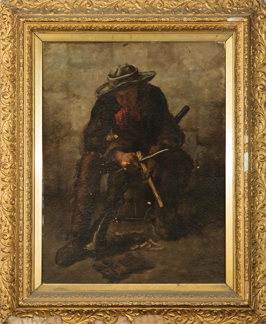 William Schmedtgen (American, 1862-1936): William Schmedtgen (American, 1862-1936) , "Man Whittling", oil on canvas, signed and illegibly dated lower right, 42 in. x 31 3/4 in., framed . Condition Report: Overall poor condition; difficult to 