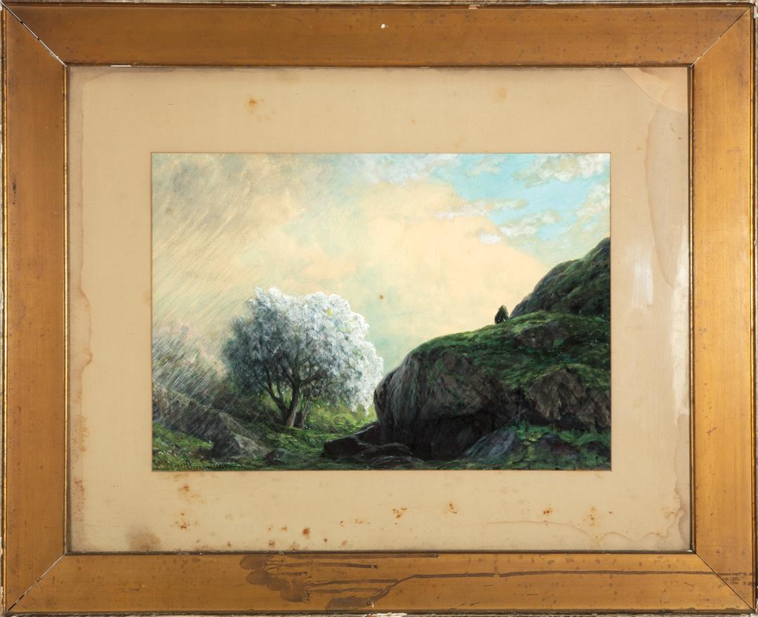 Robert Burns Wilson (American/Pennsylvania): Robert Burns Wilson (American/Pennsylvania, 1851-1916) , "Landscape", gouache on board, signed lower left, "L. Uter's Heirs" label en verso, 22 in. x 28 in., framed . Condition Report: Overall fair co