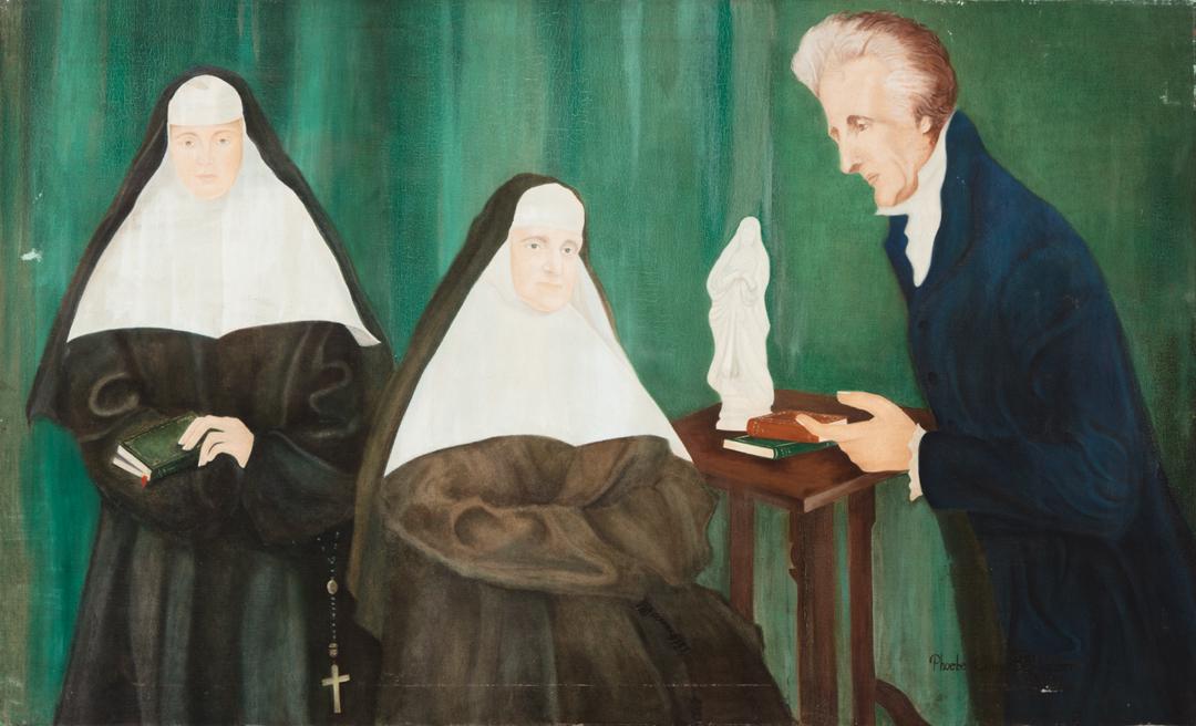 American School, 1949: American School, 1949 , "Andrew Jackson Visiting the Ursuline Nuns after the Battle of New Orleans", oil on canvas, signed "Phoebe C. Bakhuizen" and dated lower right, 27 3/4 in. x 46 in., unframed . 