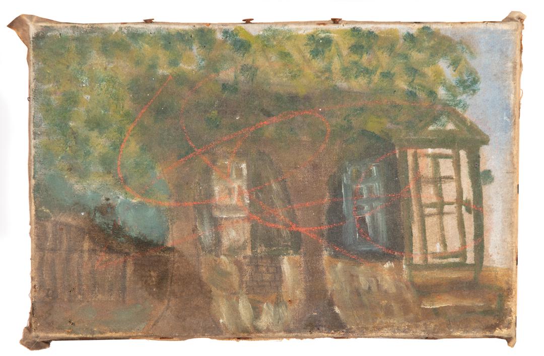 American School, early 20th c: American School, early 20th c ., "House with Trees", oil on canvas, unsigned, 9 in. x 13 7/8 in., unframed . Condition Report: Overall very poor condition; heavy surface dirt; several small holes; can