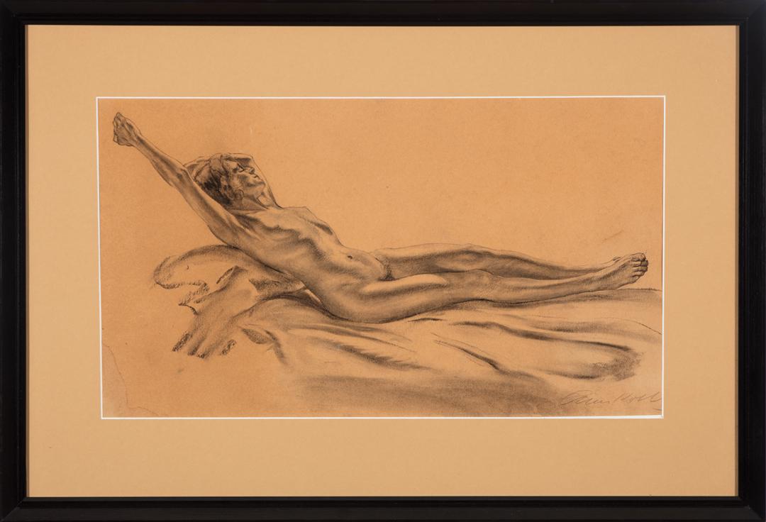 Ann Kolbe (American, 20th c.): Ann Kolbe (American, 20th c.) , "Reclining Nude", charcoal and graphite on paper, pencil-signed lower right, 12 3/4 in. x 22 1/4 in. framed . Condition Report: Buckling along right side; 3 in. stain l