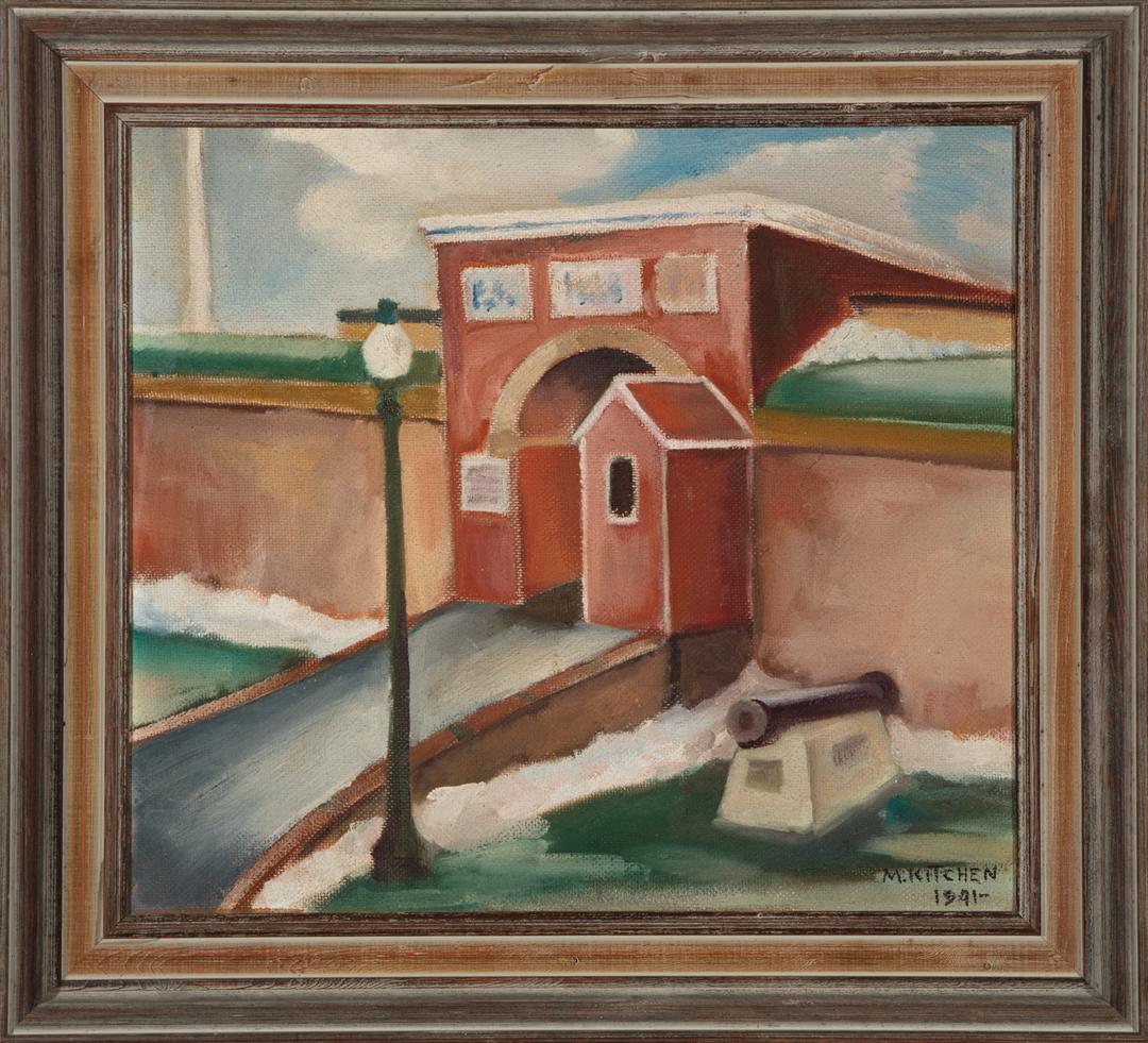 Mary Kitchen (American, 20th c.): Mary Kitchen (American, 20th c.) , "Untitled Street Scene", 1941, oil on masonite, signed and dated lower right, "Koch Galleries, Mobile Art Center" label en verso; 16 in. x 18 in., framed . Condition