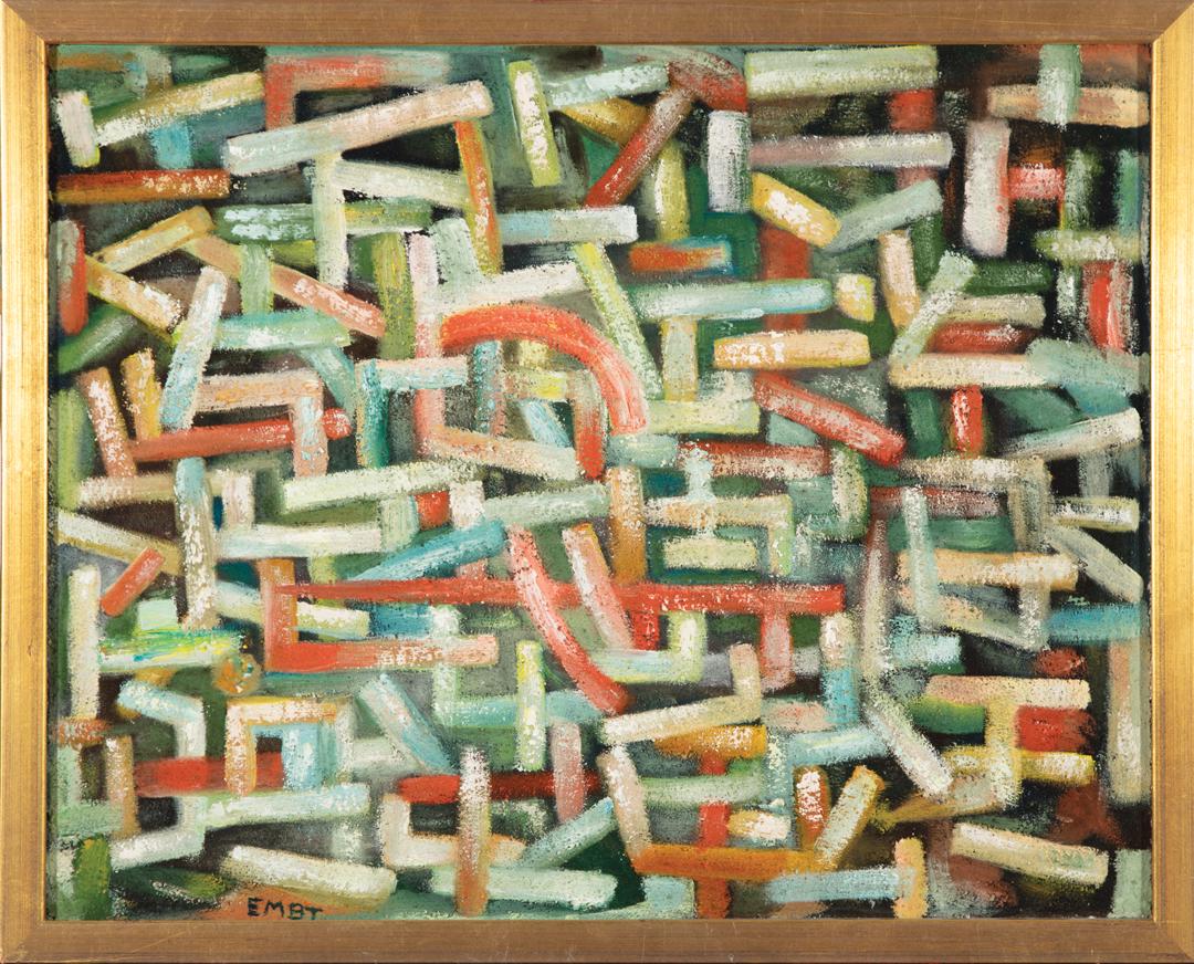 Nellie Embt (American, 1889-1983): Nellie Embt (American, 1889-1983) , "Abstract Composition", oil on board, signed lower left, "Koch Galleries, Mobile Art Center" and "Kahn Galleries, Mobile" labels on backing, 16 in. x 20 in., framed
