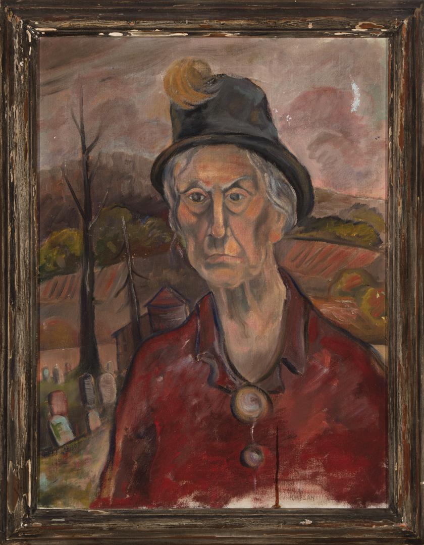 Philip Kaplan (Russian/American, 1903-1971): Philip Kaplan (Russian/American, 1903-1971) , "The Old Lady and the Dead", 1939, oil on canvas, signed and dated lower right, pencil-titled, dated and inscribed en verso, 24 3/16 in. x 18 1/8 in., fra