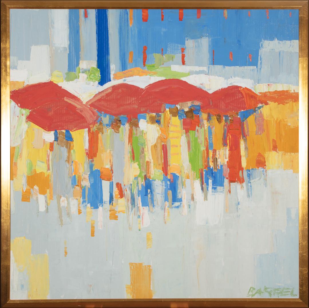 Italo George Botti (American/New York, 1923-2003): Italo George Botti (American/New York, 1923-2003) , "Figures with Umbrellas", oil on canvas, signed "Barrel" lower right, 36 in. x 36 in. framed . Condition Report: Scattered craquelure; scattered are