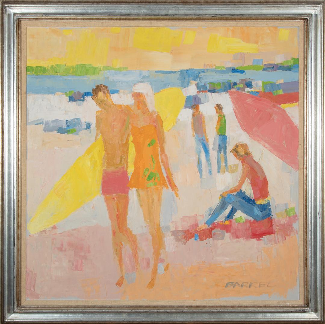 Italo George Botti (American/New York, 1923-2003): Italo George Botti (American/New York, 1923-2003) , "Beach Scene", oil on canvas, signed "Barrel" lower right, inscribed en verso, 36 in. x 36 in., framed . Condition Report: Scattered craquelure; sca