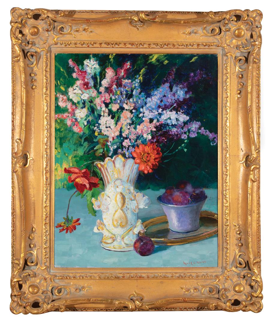 Mary L. Weiss (American, 20th c.): Mary L. Weiss (American, 20th c.) , "Floral Still Life", oil on canvas, signed lower right, pencil-signed on stretcher, "Kahn Galleries, Mobile" label on backing, 26 in. x 20 in., framed . Condition R