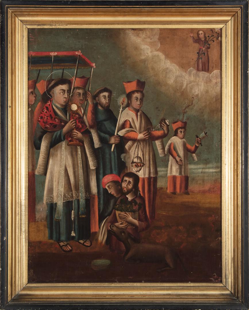 Continental School, 19th c: Continental School, 19th c ., "Feast of Corpus Christi", oil on canvas, unsigned, "Louisiana State Museum" label with title on backing board, 34 in. x 26 1/8 in., framed . Condition Report: Overall po