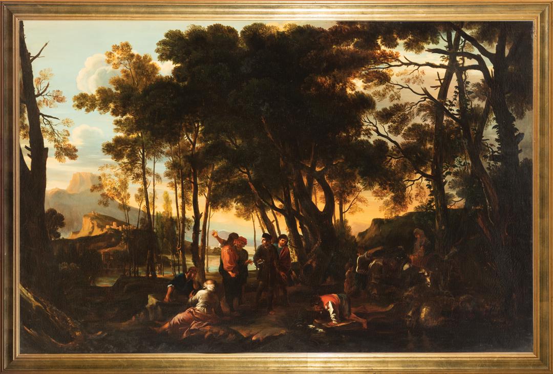 Continental School, 19th c: Continental School, 19th c ., "A Gathering in the Woods", oil on canvas, unsigned, 43 in. x 66 in., framed . Condition Report: Overall good condition; relined, new stretcher; signs of inpainting scatt