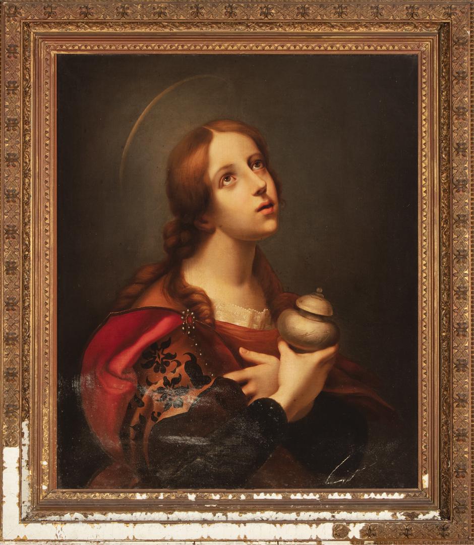 After Carlo Dolci (Italian, 1616-1686): After Carlo Dolci (Italian, 1616-1686) , "Mary Magdalene", oil on canvas, unsigned, inscribed "Magdalena...Carlo Doci" en verso, 30 in. x 25 in., framed . Condition Report: Overall fair condition; una