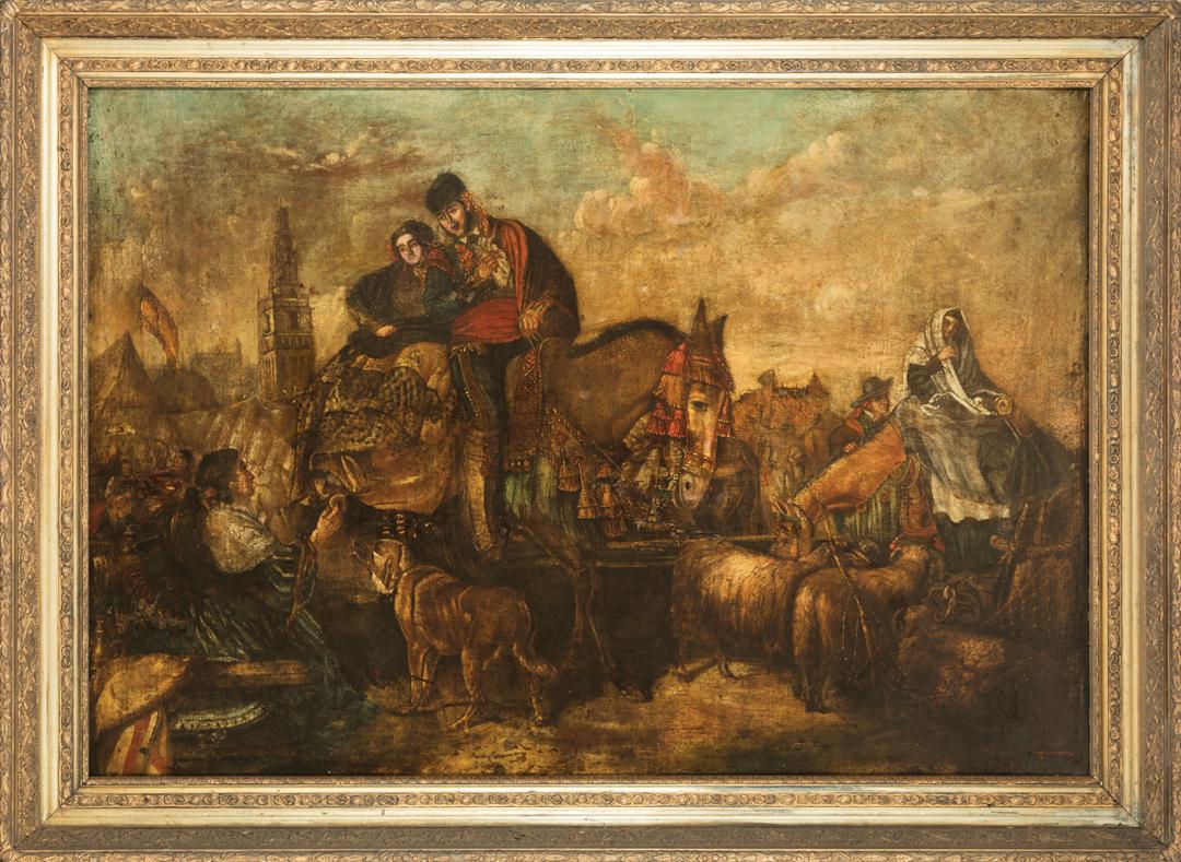 Spanish School, 19th c: Spanish School, 19th c ., "Street Fair in Seville", oil on canvas, unsigned, 46 in. x 64 1/2 in., framed . Condition Report: Overall poor condition; difficult to penetrate varnish layer; signs of inpa