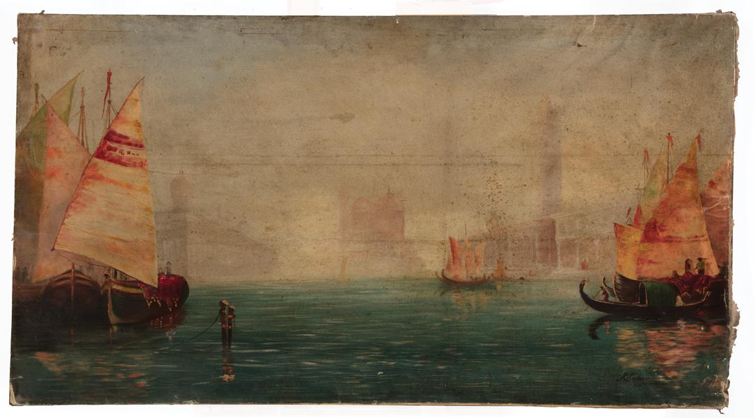 Continental School, 1914: Continental School, 1914 , "Venice", oil on canvas, signed "Kaybee" and dated lower right, 31 5/8 in. x 58 in., unframed . Condition Report: Overall very poor condition; heavy surface dirt; staining, 