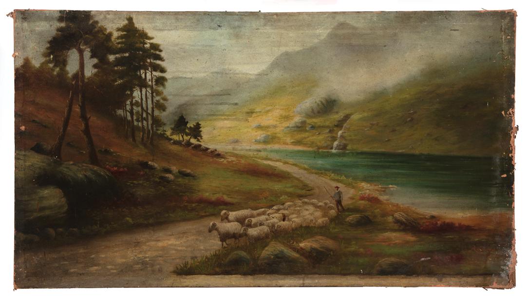 Continental School, 1914: Continental School, 1914 , "Landscape with Sheep and Shepherd", oil on canvas, signed "Kaybee" and dated lower right, 32 1/2 in. x 58 1/8 in., unframed . Condition Report: Overall very poor condition;