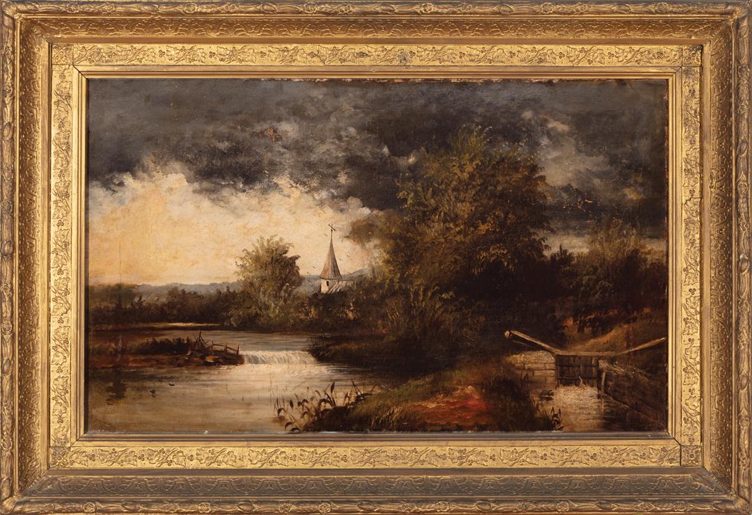 Continental School, c. 1890: Continental School, c. 1890 , "Landscape with Stream and Dam", oil on canvas, unsigned, "Louisiana State Museum" label with date on backing, 22 in. x 36 in., framed . Condition Report: Overall poor co