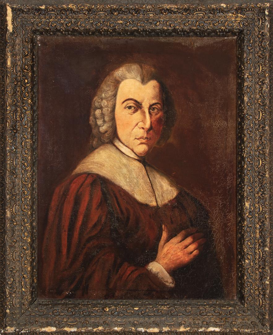 Continental School, 19th c: Continental School, 19th c ., "Denis Diderot", oil on canvas, unsigned, handwritten label with title on frame, 30 in. x 22 1/2 in., framed . Condition Report: Overall poor condition; signs of possible