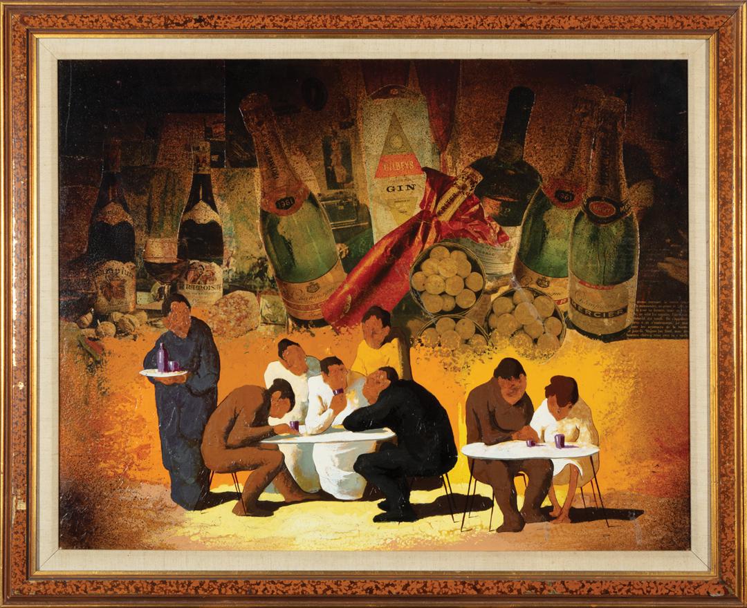 Andres Escartin (Spanish, b. 1938): Andres Escartin (Spanish, b. 1938) , "Outdoor Café", mixed media mounted to board, unsigned, 21 1/2 in. x 27 3/4 in., framed . Condition Report: Surface dirt; work is peeling away from mount in lower