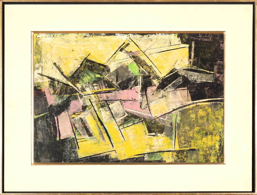 Pierre Mantra (French, b. 1935): Pierre Mantra (French, b. 1935) , "Abstract Composition", 1958, oil on board, signed and dated upper right, "Galerie 93, Paris" label with artist en verso, 15 3/4 in. x 23 in., framed . Condition Repo