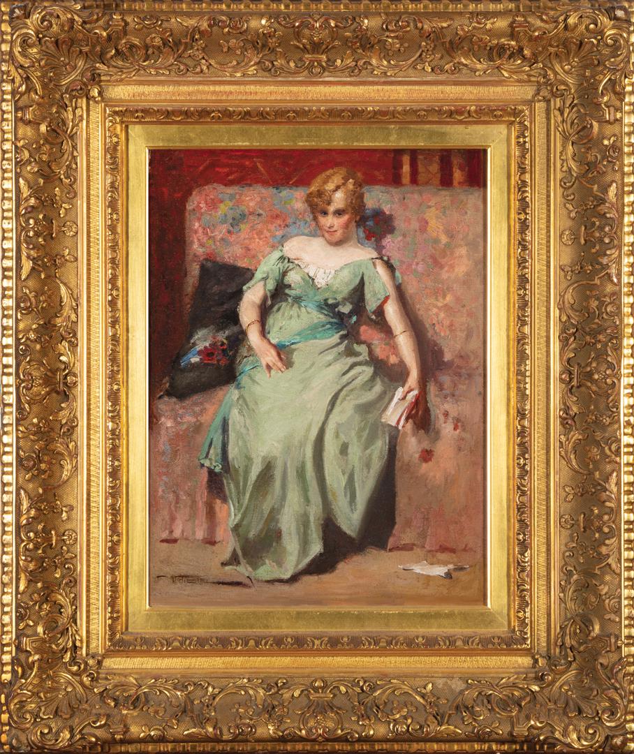Continental, School 19th c: Continental, School 19th c ., "Woman with a Book", oil on canvas, illegibly signed lower left, 15 3/4 in. x 11 3/4 in., framed . Condition Report: Relined; new stretcher bars; extensive inpainting; di