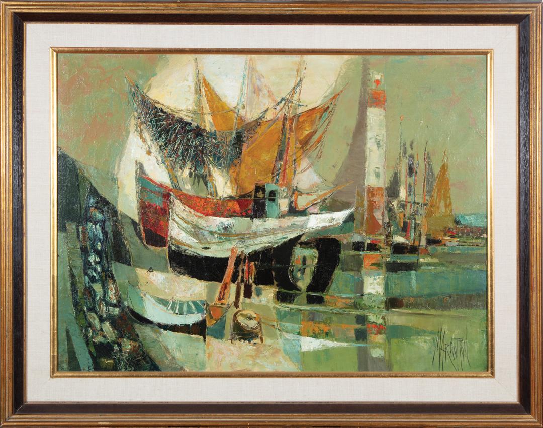 René Margotton (French, 1915-2009): René Margotton (French, 1915-2009) , "Au Port Breton", oil on canvas, signed lower left, titled en verso, 23 5/8 in. x 31 7/8 in., framed . Condition Report: Scattered craquelure; light surface dirt;
