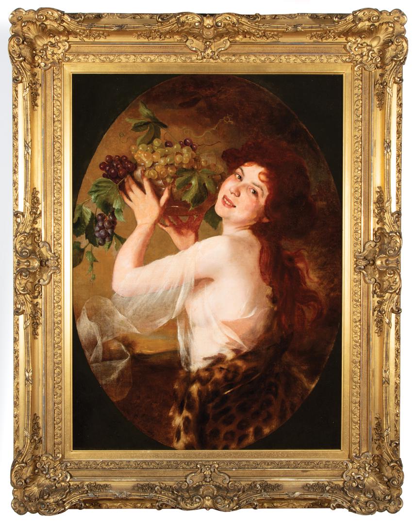 Continental School, 19th c: Continental School, 19th c ., "Woman with Grapes", oil on canvas, illegibly signed lower center, 37 3/4 in. x 27 1/2 in., framed . Condition Report: Relined; new stretcher; cleaned; scattered accretio