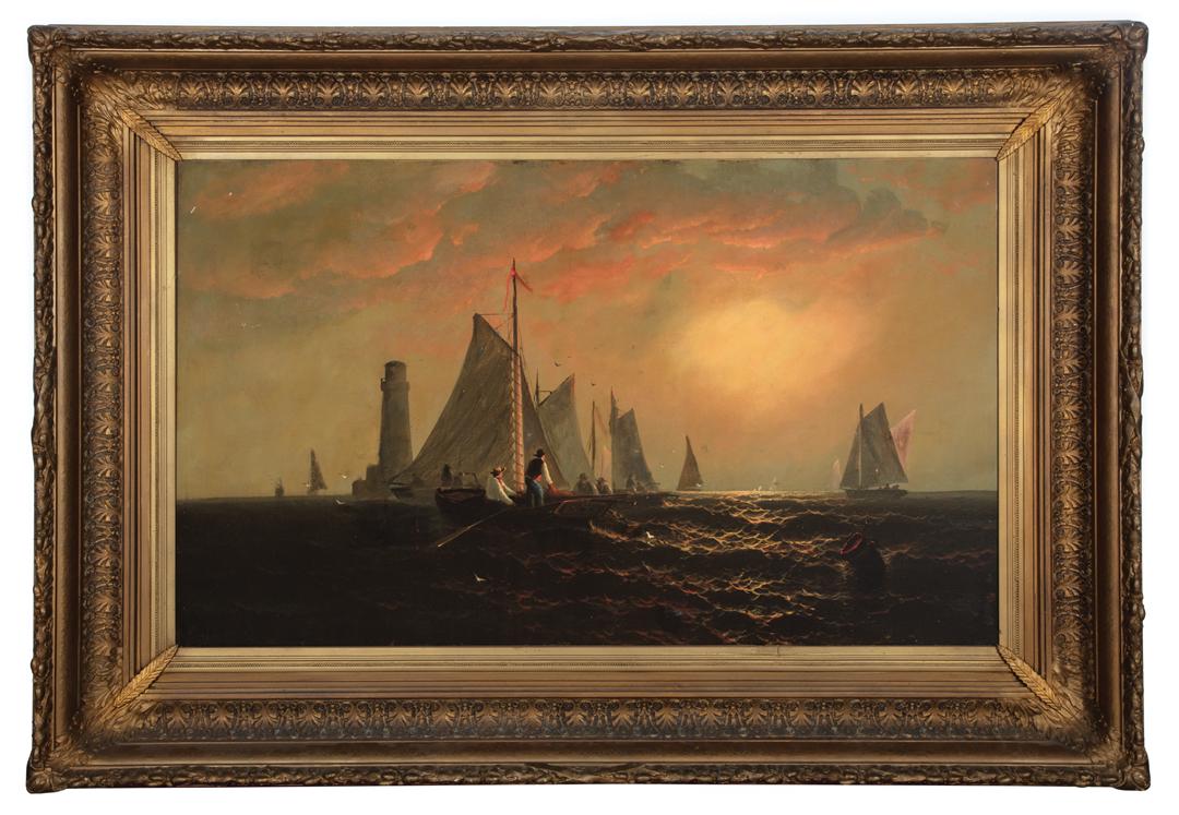 David St. John (British, 19th c.): David St. John (British, 19th c.) , "Study of Ships and Lighthouse", oil on canvas, signed lower left, artist and title inscribed and "Trovaioli" restoration stamp en verso, handwritten label on stret