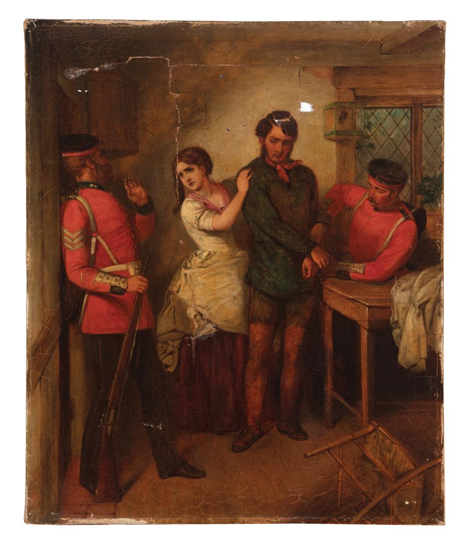 British School, 19th c: British School, 19th c ., "The Deserter", oil on canvas, unsigned, canvas stamp en verso, 30 in. x 25 in., unframed . Condition Report: Overall very poor condition; multiple campaigns of restoration; 