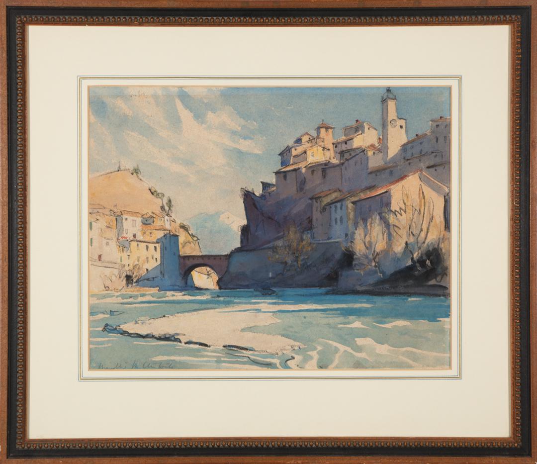 Mary Howard McClintock (British, b. 1888): Mary Howard McClintock (British, b. 1888) , "Vaison", watercolor and charcoal on paper laid on board, signed lower left, titled lower right, "Koch Galleries, Mobile, AL" labels with artist and title o