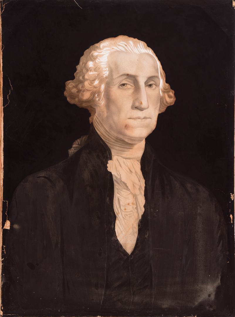 After Gilbert Charles Stuart (American/RI): After Gilbert Charles Stuart (American/Rhode Island, 1755-1828) , "George Washington", hand-enhanced chromolithograph on paper mounted to canvas, unsigned, 30 in. x 22 in., unframed . Condition Report