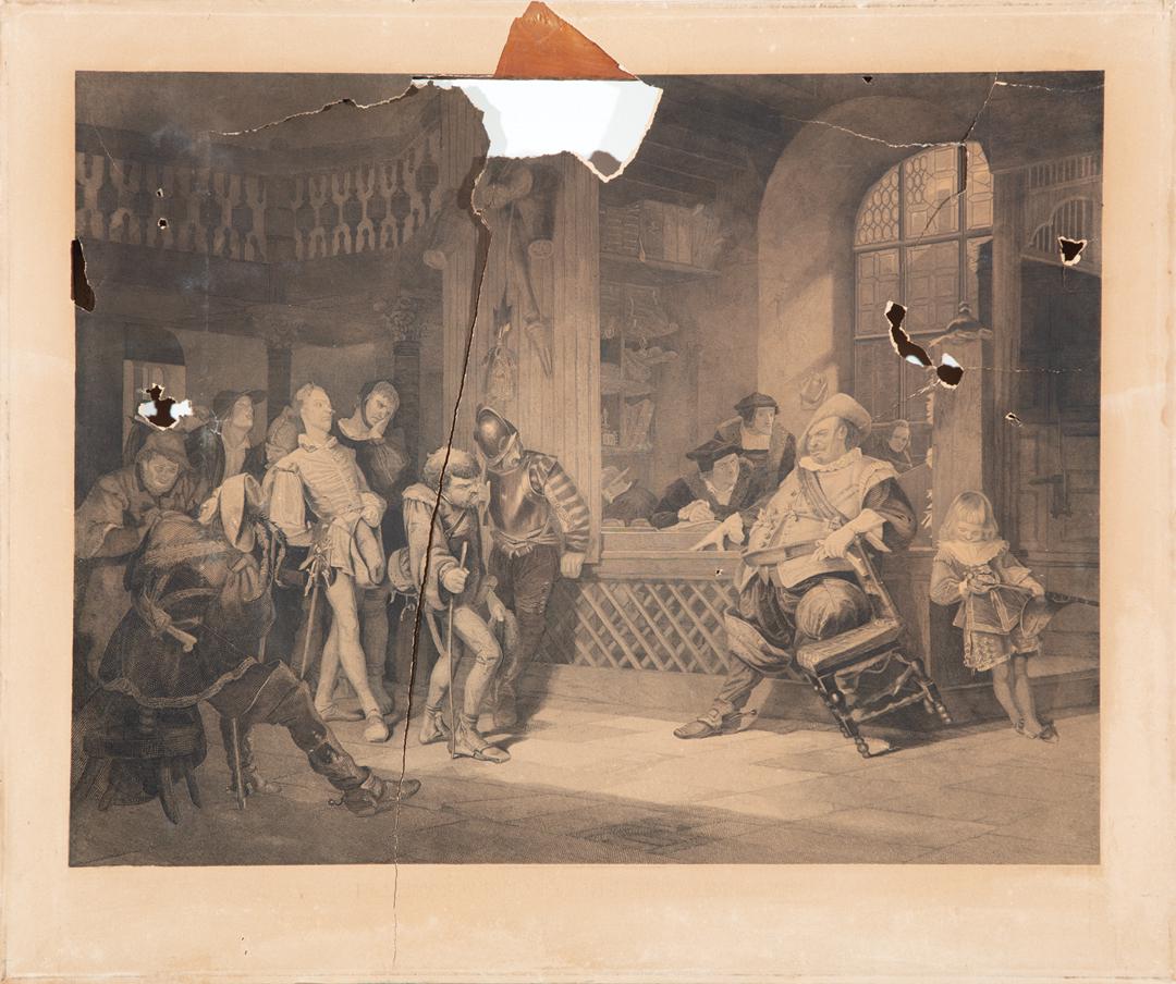After Adolf Schrödter (German, 1805-1875): After Adolf Schrödter (German, 1805-1875) , "Falstaff Mustering his Recruits", 1860, lithograph affixed to stretcher, unsigned, 26 in. x 31 in., unframed . Condition Report: Overall very poor conditi