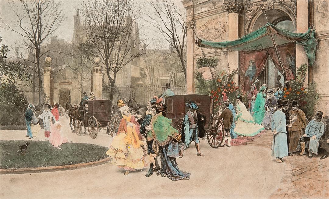 After Raimundo de Madrazo y Garreta (Spanish): After Raimundo de Madrazo y Garreta (Spanish, 1841-1920) , "Leaving the Masked Ball", c. 1878, hand-colored photogravure, from 1878 L'Exposition Universalle Paris, printed by Goupil & Cie., pub. by Ge