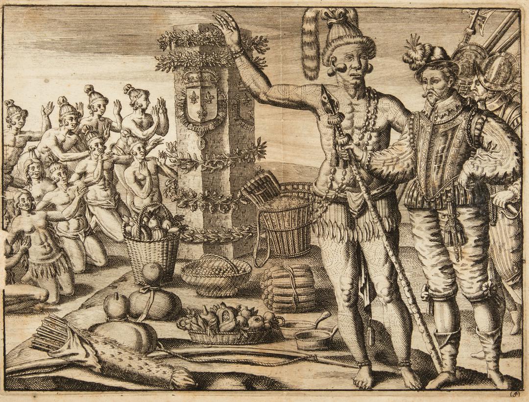Theodor de Bry (Belgian, 1528-1598): Theodor de Bry (Belgian, 1528-1598) , "René de Laudonnière and Chief Athare" and "Cruelty to the Indians by the Spanish", c. 1590's, 2 engravings, after watercolors by Jacques Le Moyne de Morgues (F