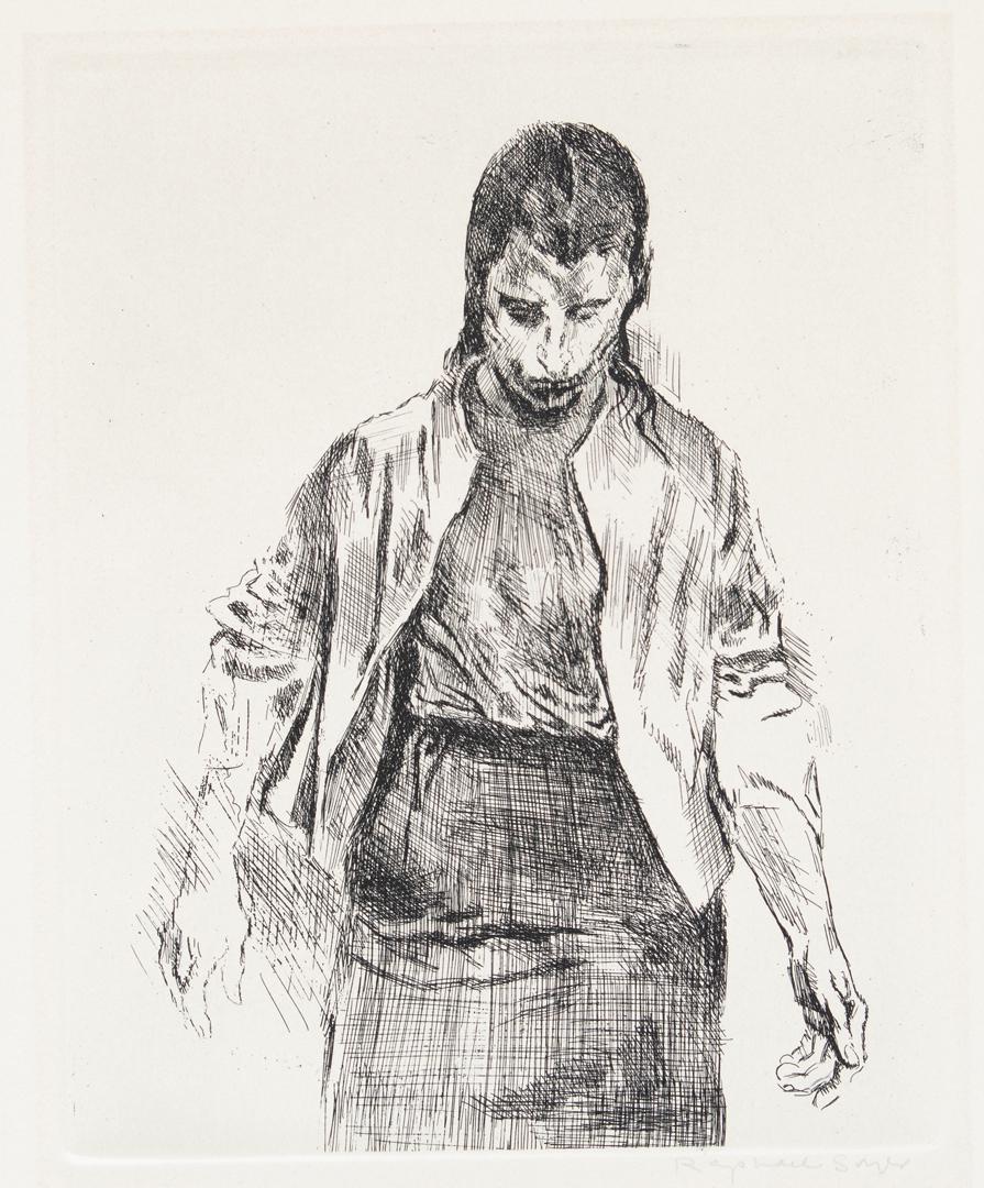 Raphael Soyer (Russian/American, 1899-1987): Raphael Soyer (Russian/American, 1899-1987) , "Pedestrian", etching on paper, pencil-signed, titled and inscribed lower margin, sheet 14 3/4 in. x 11 1/8 in., unframed . Condition Report: Toning; ligh