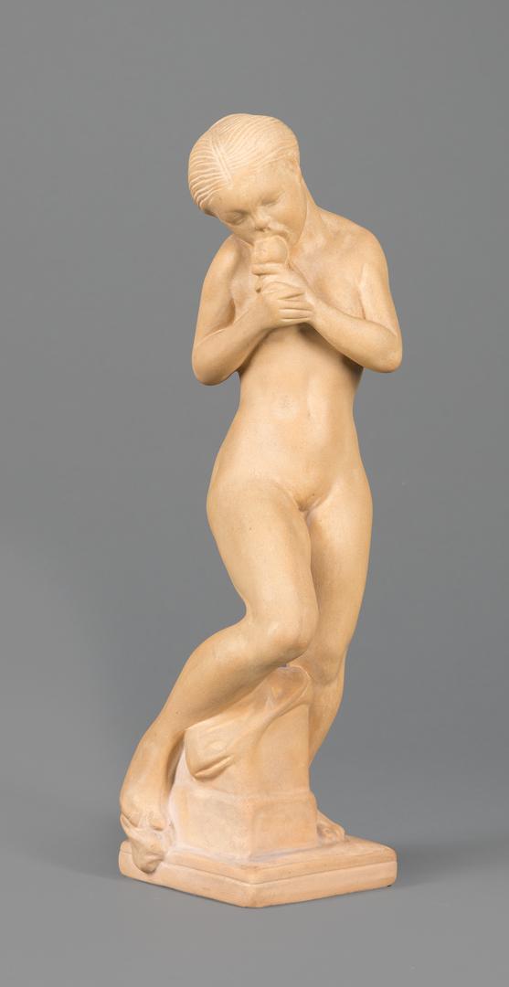 Danish Art Deco Bisque Pottery Figure: Danish Art Deco Bisque Pottery Figure of "Eve Biting the Apple" by Herman Kahler , hollow base inscribed "HAK", "Danmark", and "A.18", h. 11 3/4 in. Condition: Very good condition. Minor soiling Prove