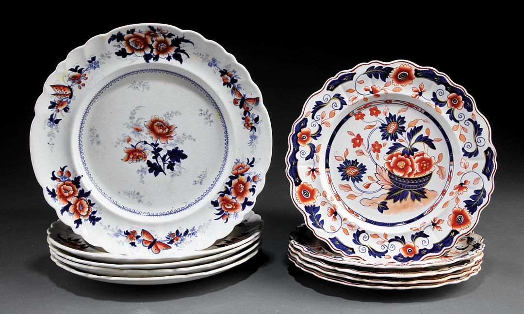 Ten Antique English Imari Palette Plates: Ten Antique English Imari Palette Plates , dia. 9 in. (5); and dia. 10 1/2 in. (5) IMPORTANT: All purchases must be removed from our premises within 15 days of the auction. * When available condition 