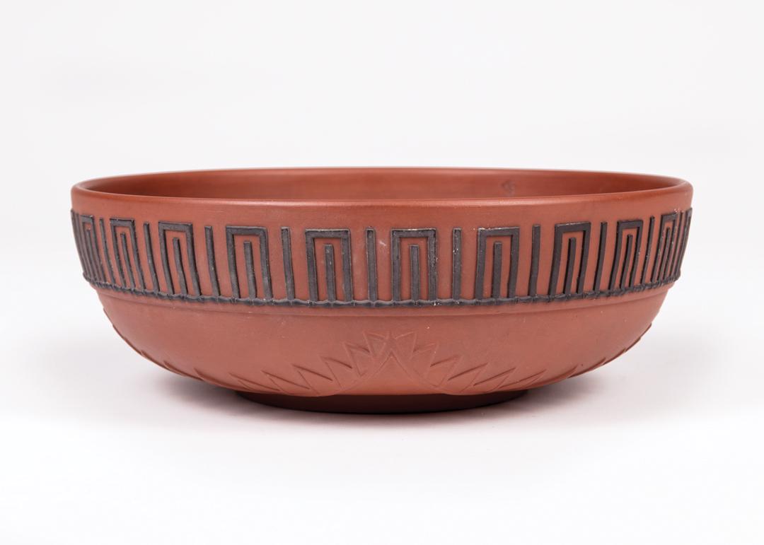 Wedgwood Rosso Antico Bowl: Wedgwood Rosso Antico Bowl , c. 1810, impressed uppercase mark, Egyptianesque fretwork and ornamentation, h. 2 5/8 in., dia. 7 5/8 in . Provenance: Earl Buckman Antiques, Dallas, 2005 IMPORTANT: All p