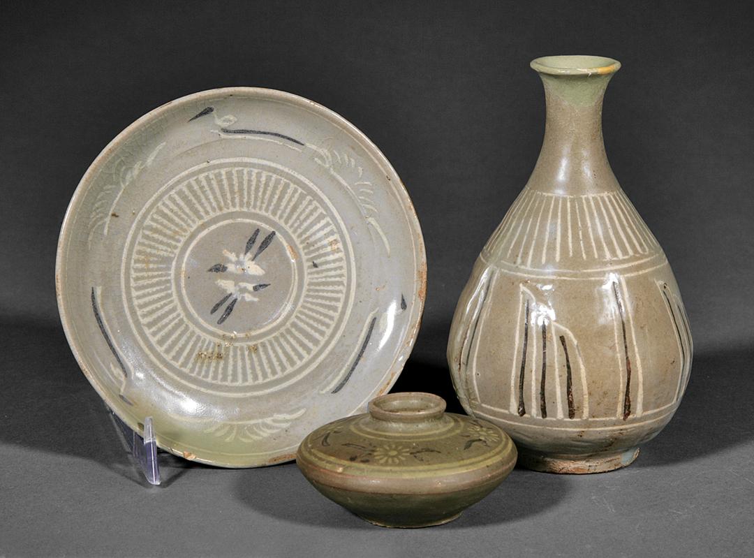 Korean Celadon Bottle Vase and Small Dish: Antique Korean Slip Decorated Celadon Bottle Vase and Small Dish , each with geometric banding, the footed dish with avian decoration, vase h. 6 in., dish h. 1 1/8 in., diameter 5 1/4 in. Note: Restor