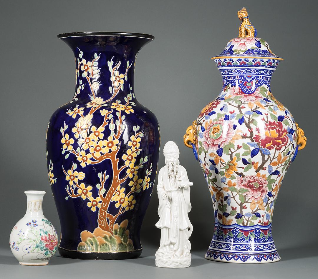 Four Porcelain Table Accessories: Four Porcelain Table Accessories , all decorated in the Oriental taste, including a tall English baluster vase, c. 1930; a Gien faience lidded urn, late 19th/early 20th c.; small Japanese floral-decor