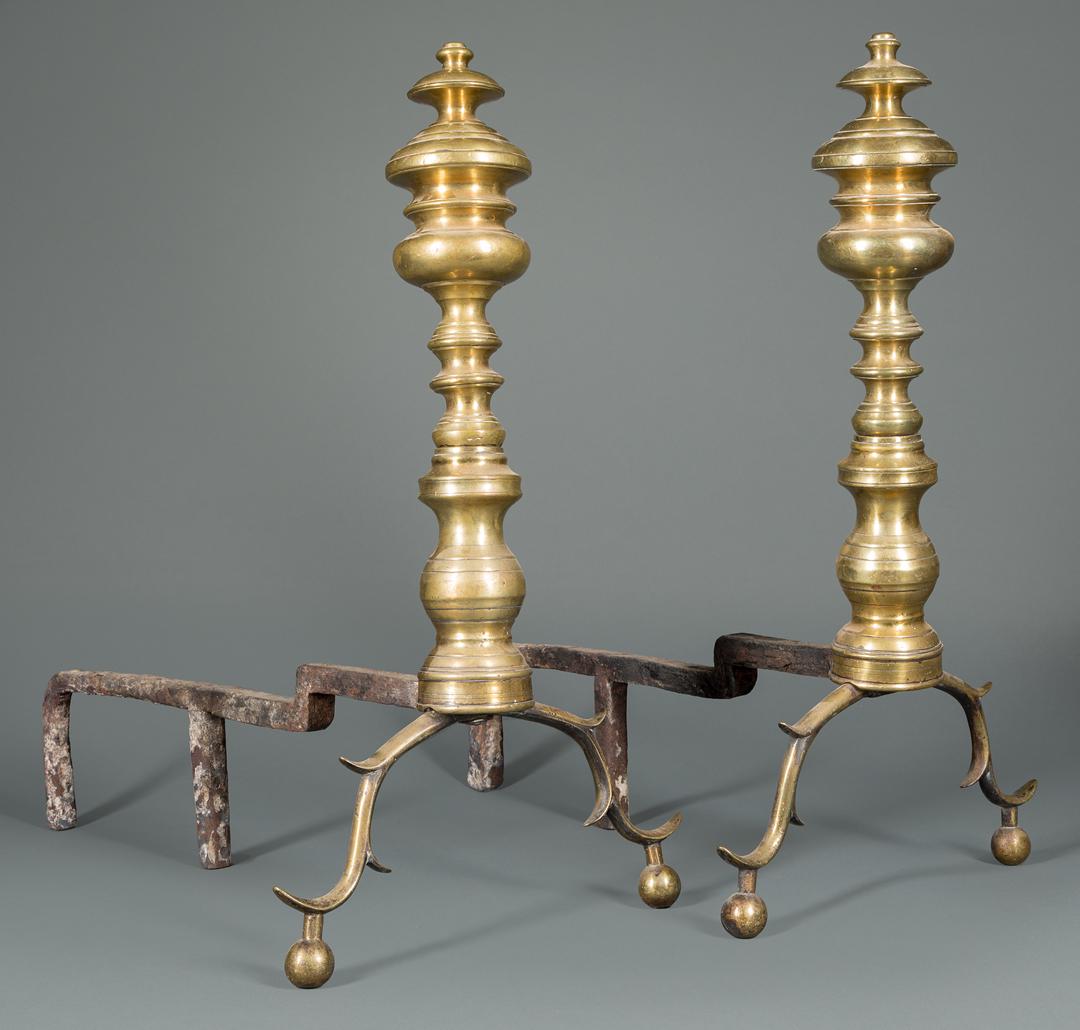 Brass Andirons: Brass Andirons , h. 19 in., w. 10 1/4 in., d. 17 in IMPORTANT: All purchases must be removed from our premises within 15 days of the auction. * When available condition information is included with lo