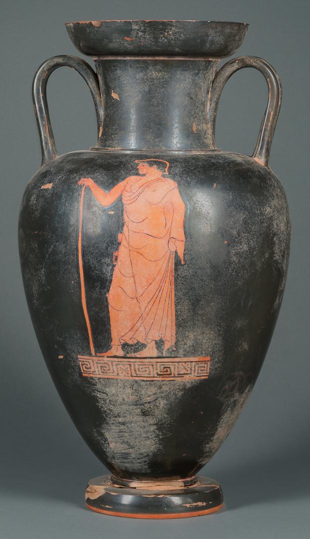 Apulian-Type Red Figure Amphora: Apulian-Type Red Figure Amphora , black ground with a single male or female figure on each side, h. 18 in., d. 10 in., note: visible wear, loss IMPORTANT: All purchases must be removed from our premis