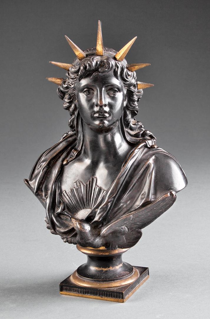 Continental Patinated Bronze and Ormolu Bust: Continental Patinated Bronze and Ormolu Bust Emblematic of "Liberty" , cast with radiant crown of ormolu bars and radiant disk on breast, supported by eagle, set on a socle with ormolu moldings, h. 10